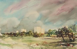 Morgonsol över Årsta, akvarell 52x34cm